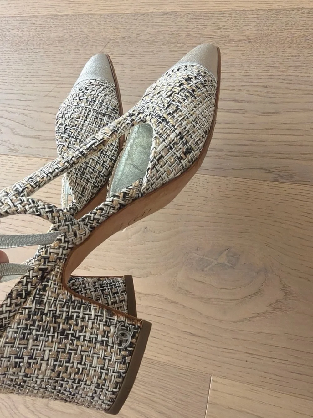 CHANEL Silver Leather & Beige Tweed Slingback Flats